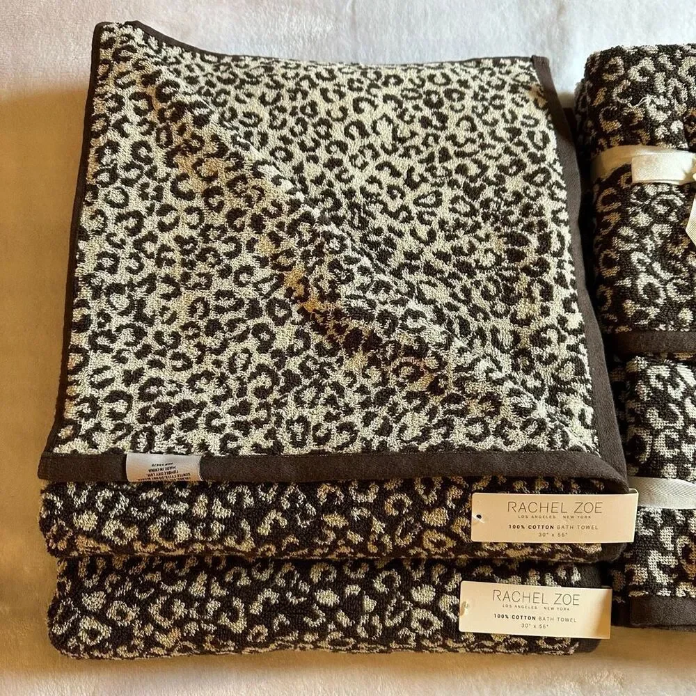 Rachel Zoe Bath Towel Set Dark Brown Tan Cheetah Leopard Pattern Reversible NWT